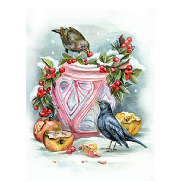 Wenskaart bloempot in sneeuw met merels