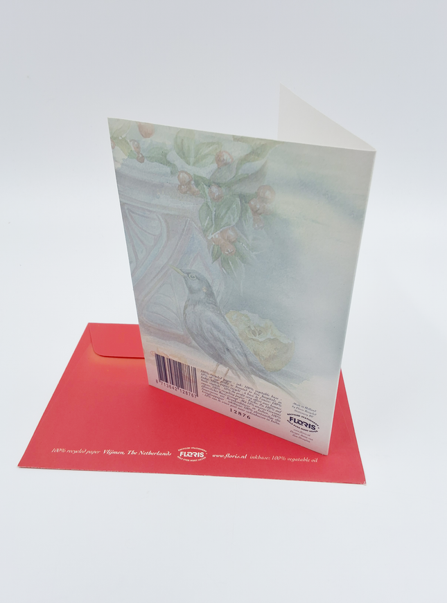 Wenskaart bloempot in sneeuw met merels