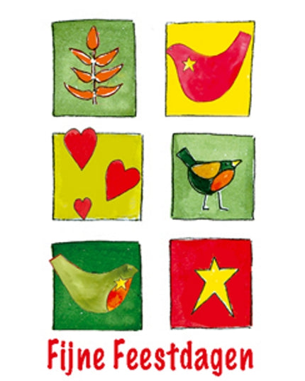 Kerstkaart vogels hartje "fijne feestdagen"