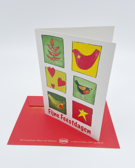 Kerstkaart vogels hartje "fijne feestdagen"