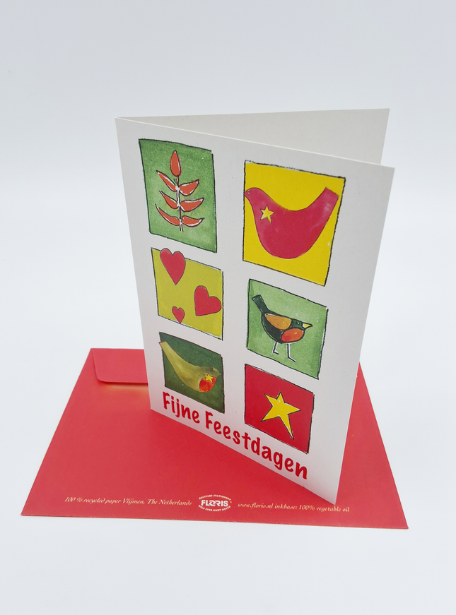 Kerstkaart vogels hartje "fijne feestdagen"