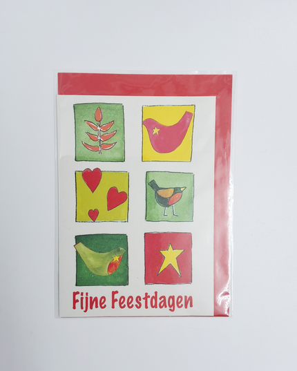 Kerstkaart vogels hartje "fijne feestdagen"