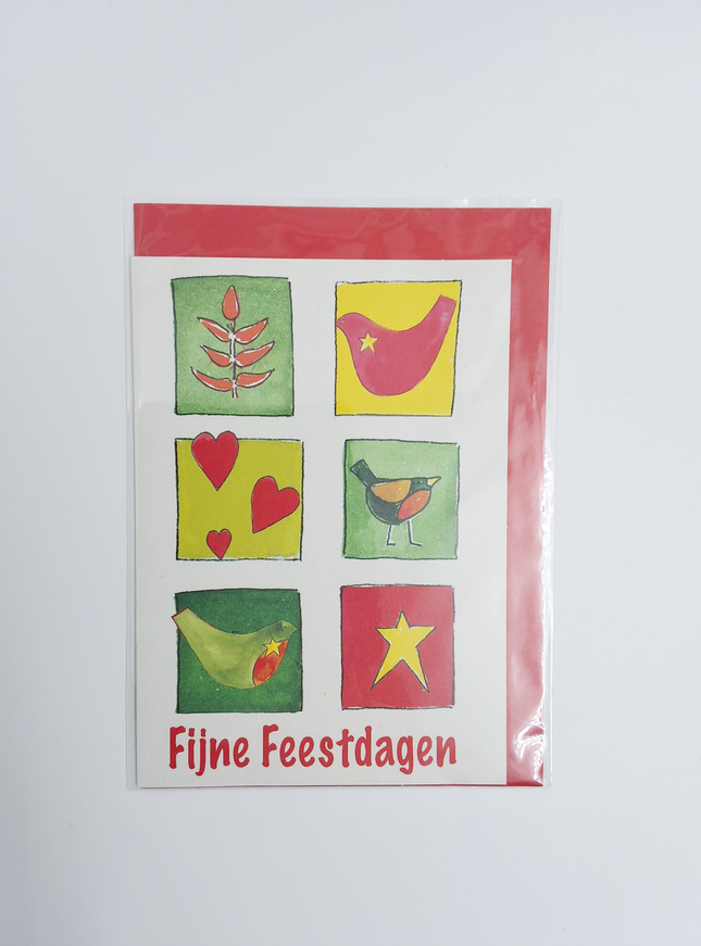Kerstkaart vogels hartje "fijne feestdagen"