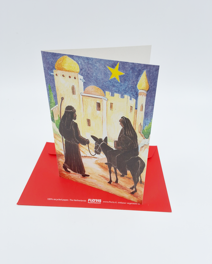 Wenskaart ezel, Maria, Jozef