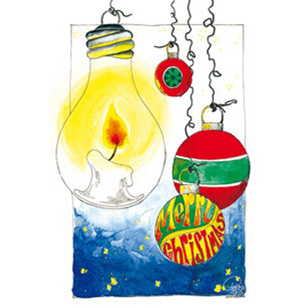Wenskaart gloeilamp kerstballen "Merry Christmas"