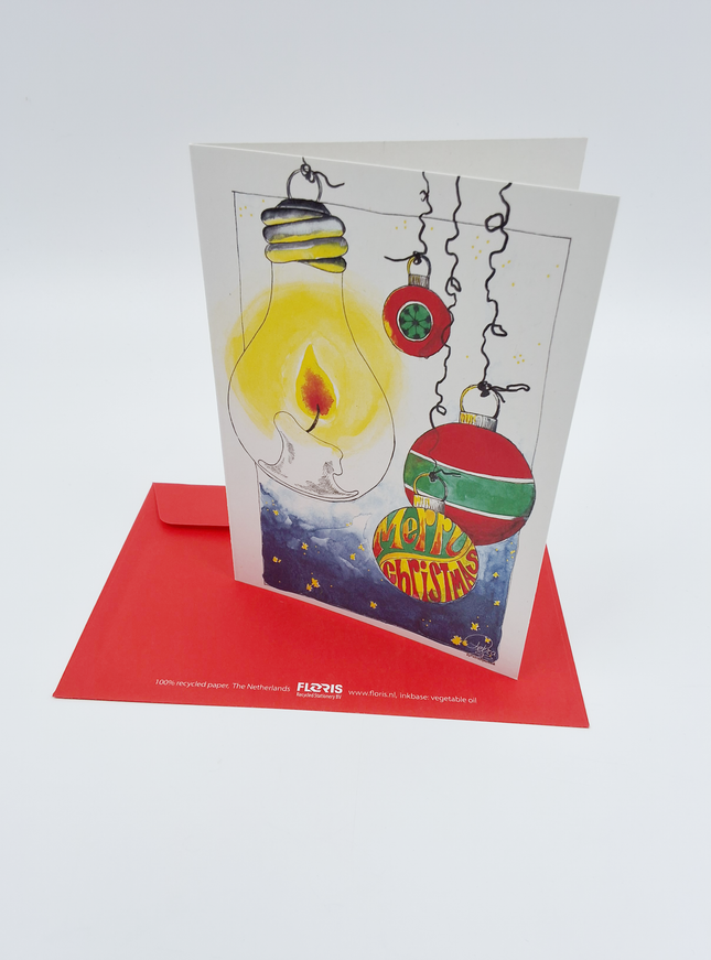 Wenskaart gloeilamp kerstballen "Merry Christmas"