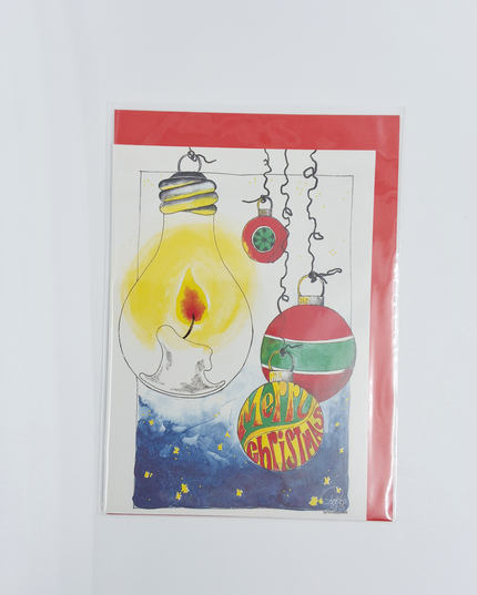 Wenskaart gloeilamp kerstballen "Merry Christmas"