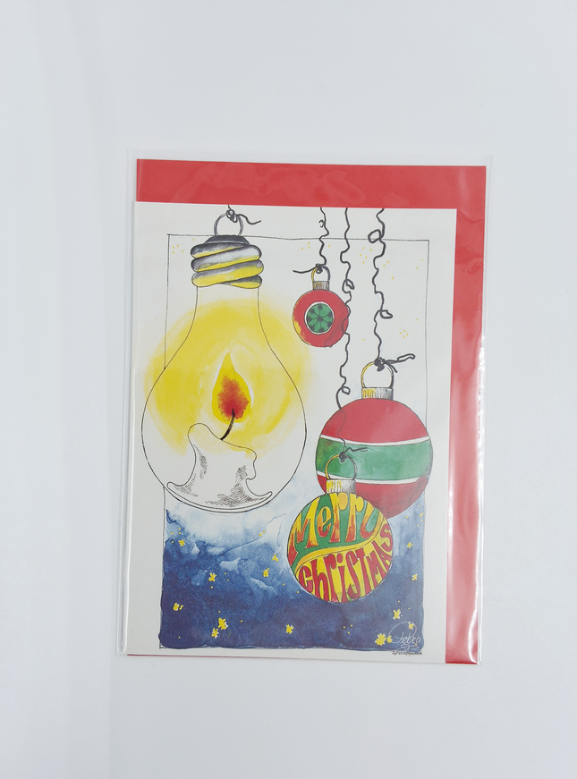 Wenskaart gloeilamp kerstballen "Merry Christmas"