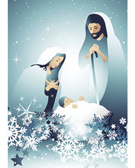 Wenskaart Jozef, Maria en Jezus blauw