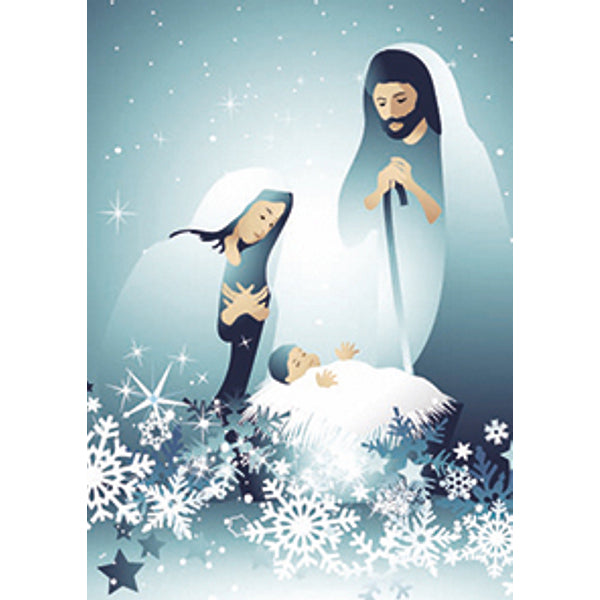 Wenskaart Jozef, Maria en Jezus blauw