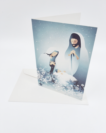 Wenskaart Jozef, Maria en Jezus blauw