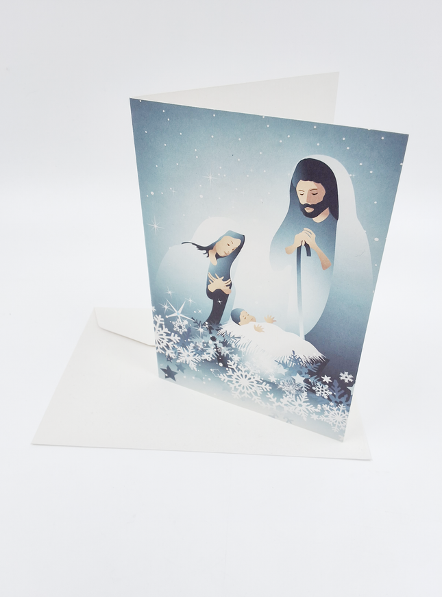 Wenskaart Jozef, Maria en Jezus blauw