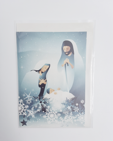 Wenskaart Jozef, Maria en Jezus blauw