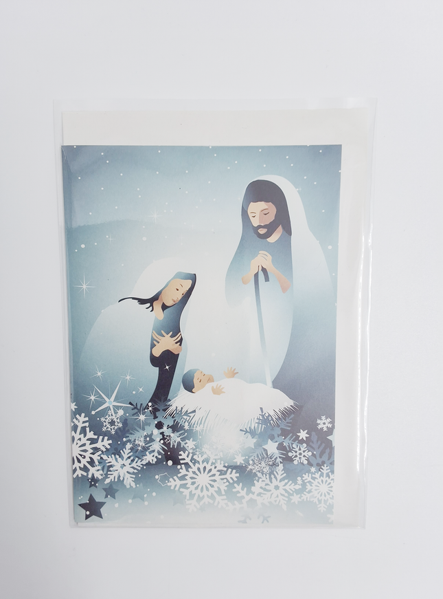 Wenskaart Jozef, Maria en Jezus blauw