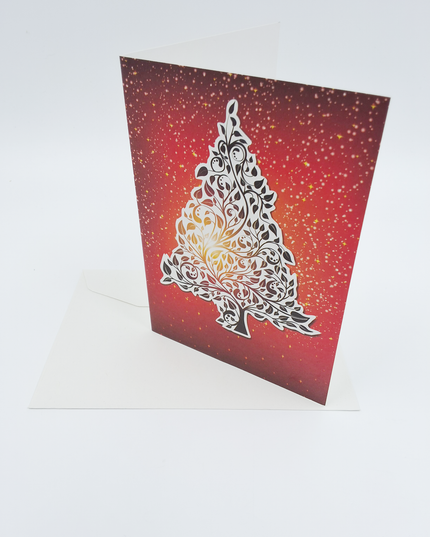 Wenskaart kerstboom rood goud