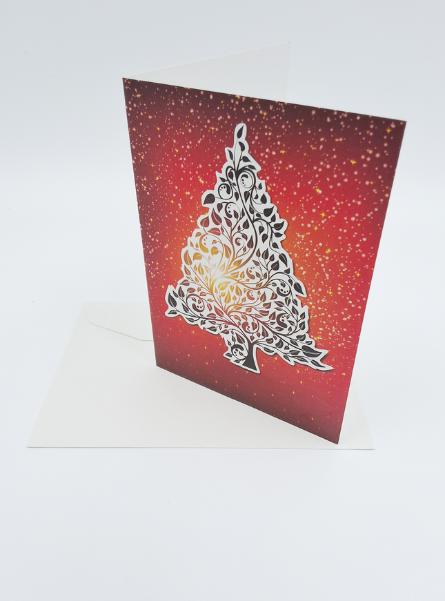 Wenskaart kerstboom rood goud