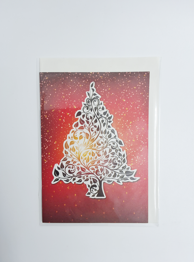 Wenskaart kerstboom rood goud