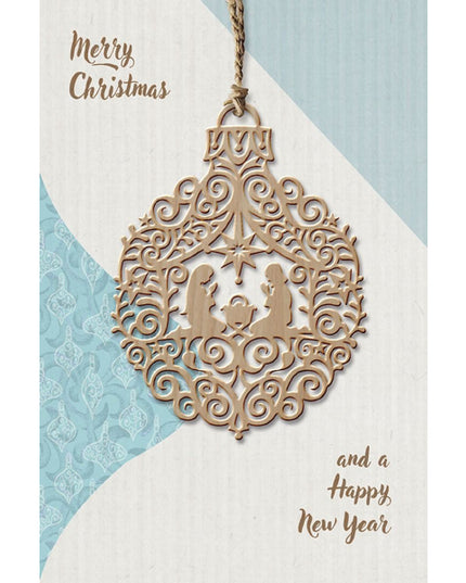 Wenskaart met houten ornament Jozef en Maria