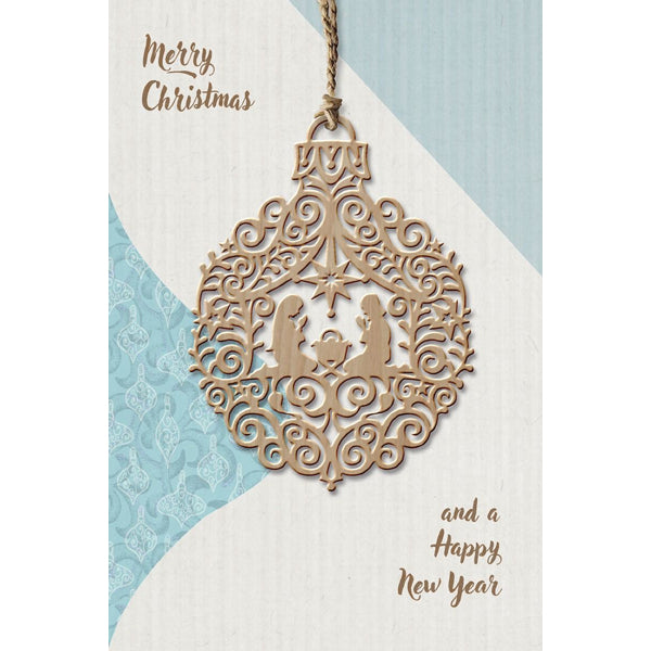 Wenskaart met houten ornament Jozef en Maria