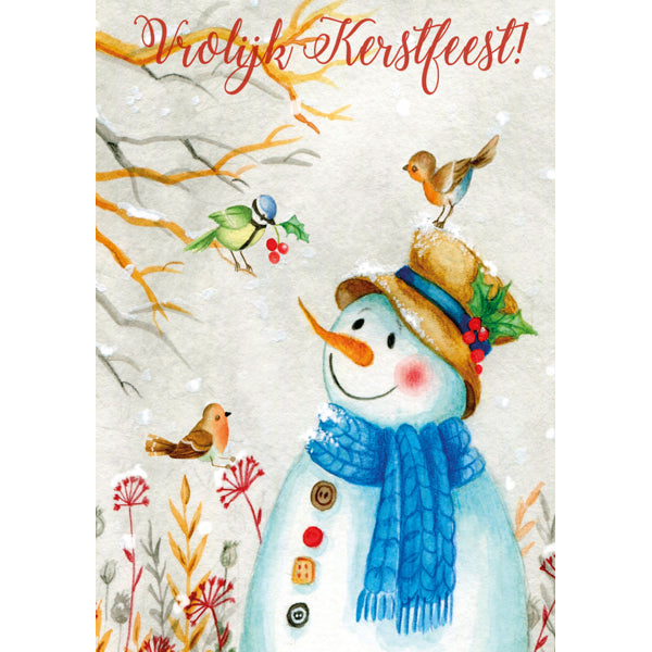 Wenskaart sneeuwman met vogels