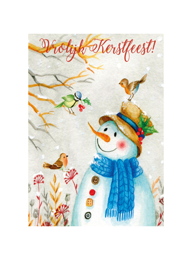 Greeting card snowman with birds