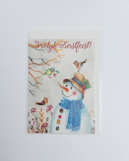 Wenskaart sneeuwman met vogels
