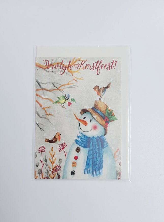 Wenskaart sneeuwman met vogels