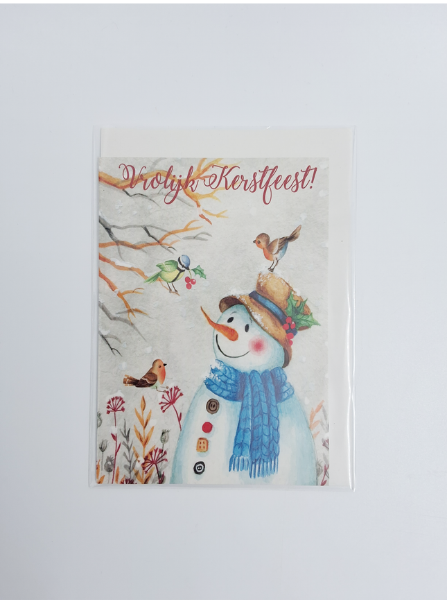 Greeting card snowman with birds