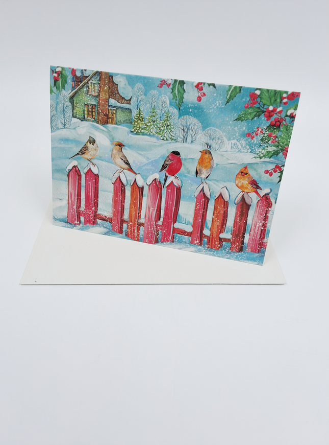Wenskaart vogeltjes op hek