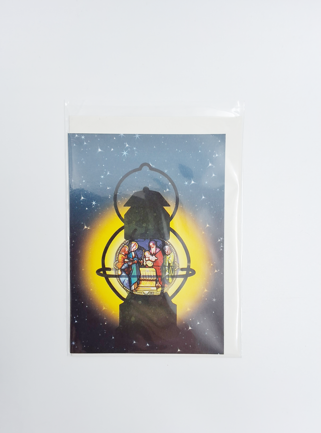 Wenskaart eco-lam. lantaarn heilige familie