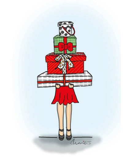 Wenskaart eco-lam. Meisje met cadeautjes