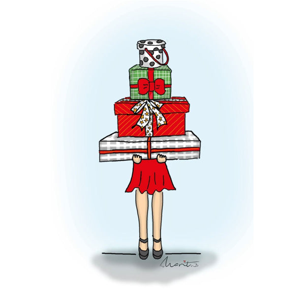 Wenskaart eco-lam. Meisje met cadeautjes