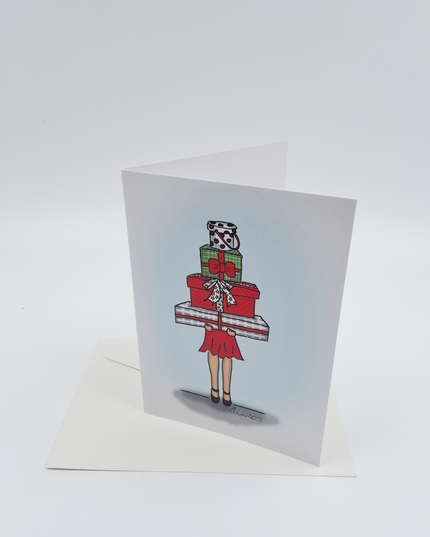 Wenskaart eco-lam. Meisje met cadeautjes