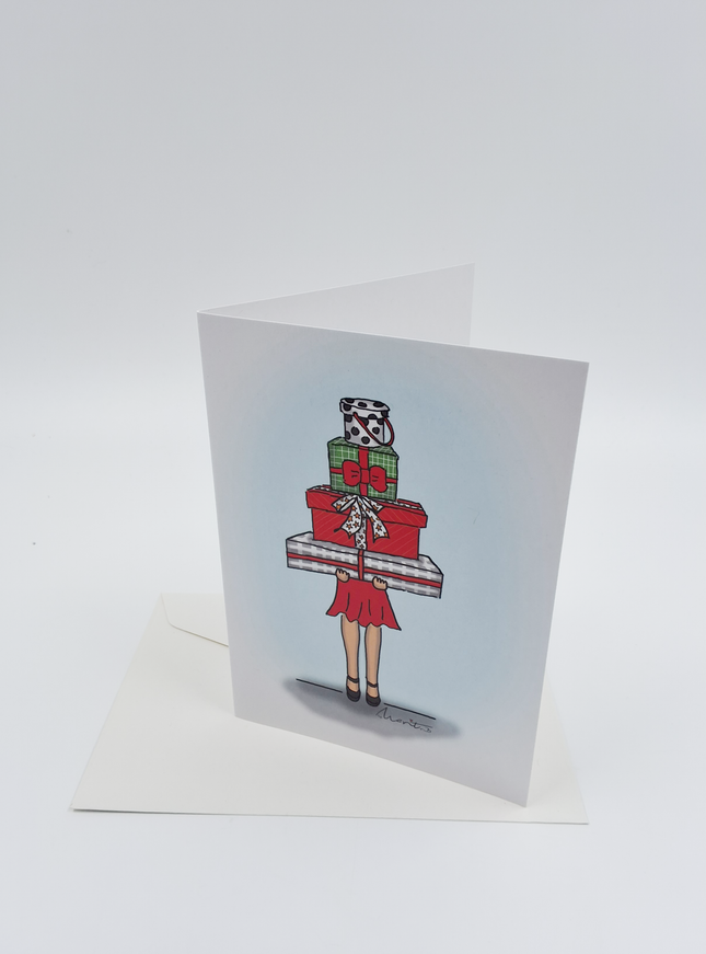 Wenskaart eco-lam. Meisje met cadeautjes