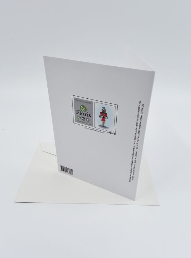 Wenskaart eco-lam. Meisje met cadeautjes