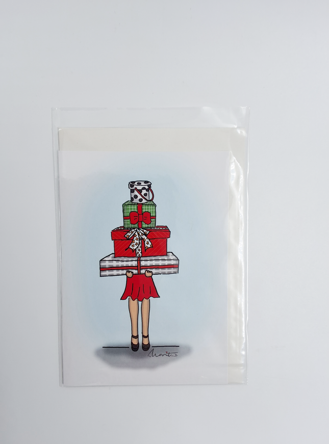 Wenskaart eco-lam. Meisje met cadeautjes