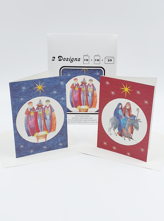 Kerstkaarten tasje 20x kerst Jozef, Maria, drie koningen (F12915 + F12916)