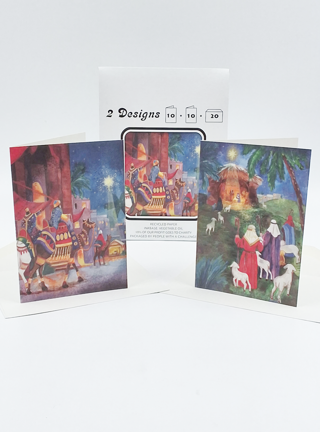 Kerstkaarten tasje 20x koningen en herders (F13073 + F13074)