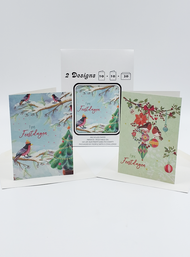 Kerstkaarten tasje 20x vogels (F13079 + F13080)