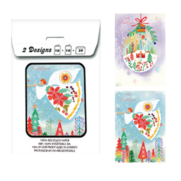 Kerstkaarten tasje 20x engel en kerstbal (F13086 + F13087)