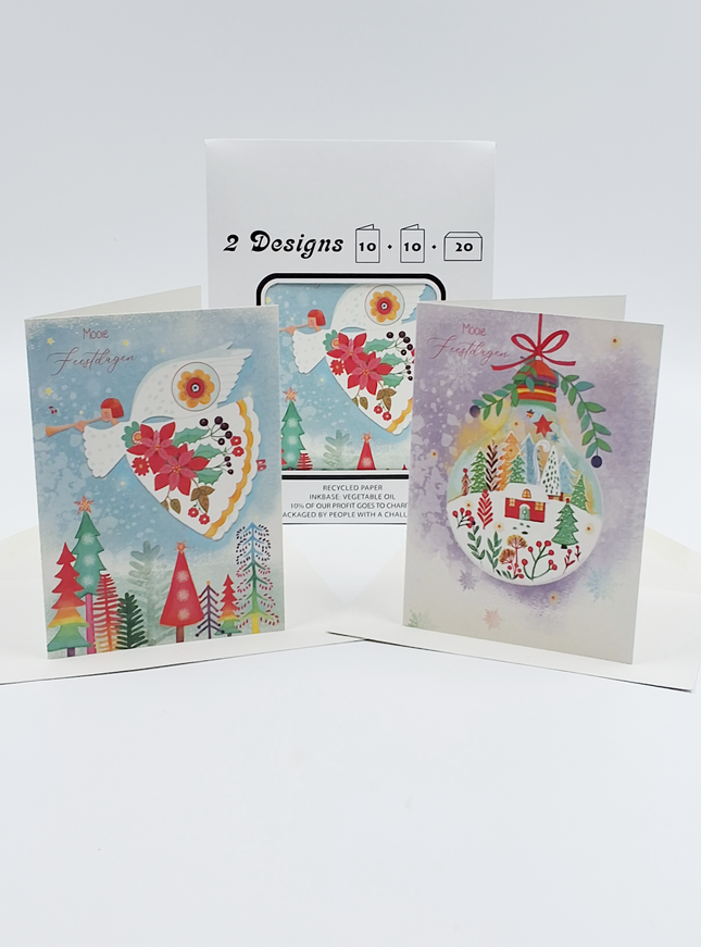 Kerstkaarten tasje 20x engel en kerstbal (F13086 + F13087)