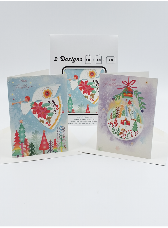 Kerstkaarten tasje 20x engel en kerstbal (F13086 + F13087)