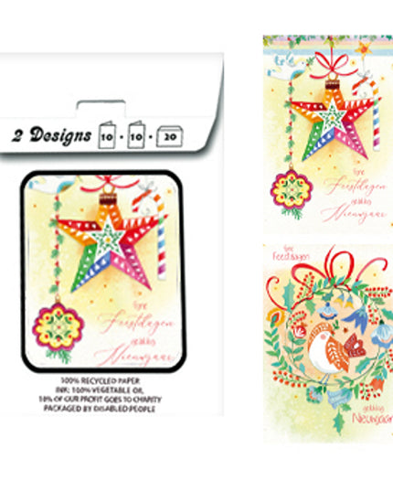 Kerstkaarten tasje 20x vogel en ster (F13090 + F13091)
