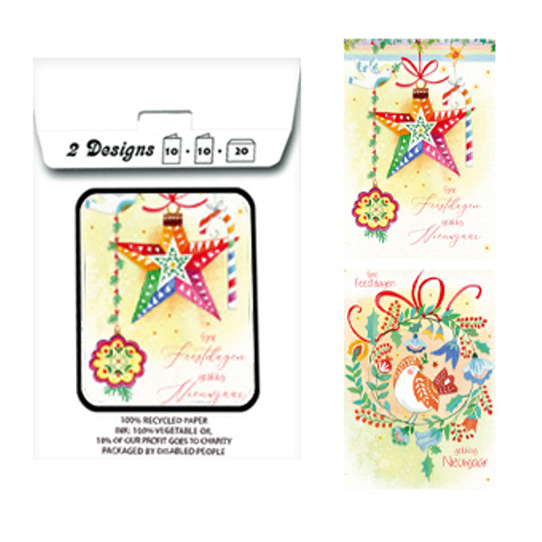 Kerstkaarten tasje 20x vogel en ster (F13090 + F13091)