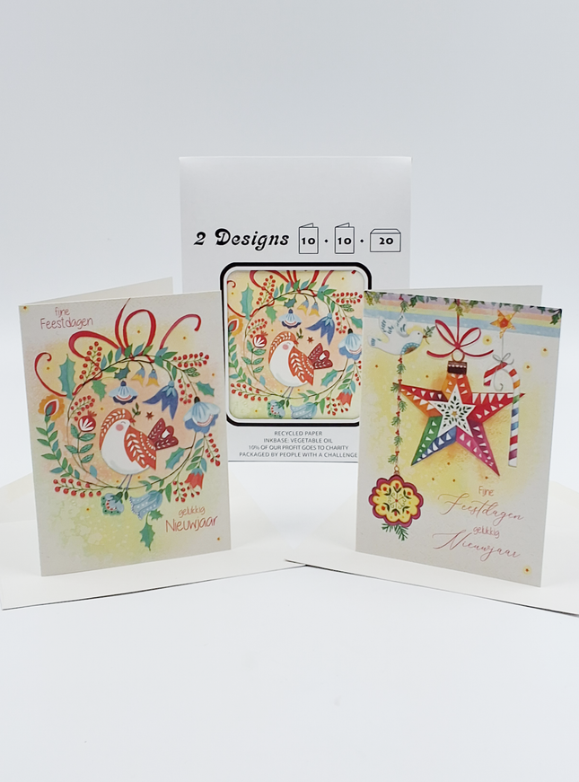 Kerstkaarten tasje 20x vogel en ster (F13090 + F13091)