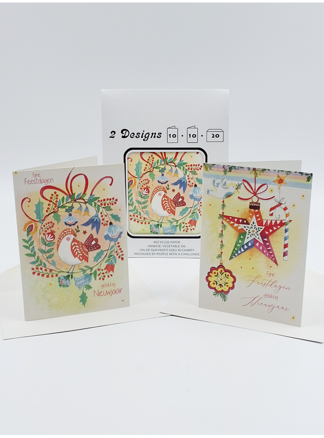 Kerstkaarten tasje 20x vogel en ster (F13090 + F13091)