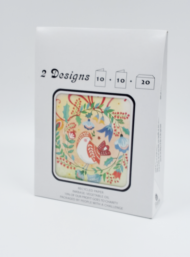 Kerstkaarten tasje 20x vogel en ster (F13090 + F13091)