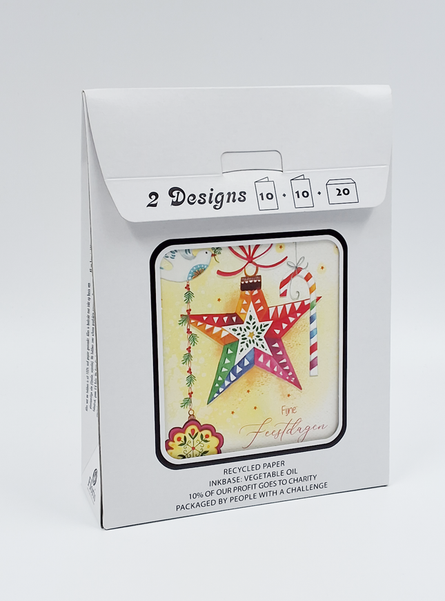 Kerstkaarten tasje 20x vogel en ster (F13090 + F13091)