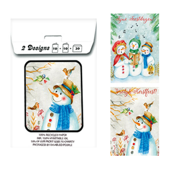 Kerstkaarten tasje 20x sneeuwmannen (F13092 + F13093)