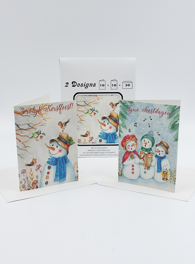 Kerstkaarten tasje 20x sneeuwmannen (F13092 + F13093)